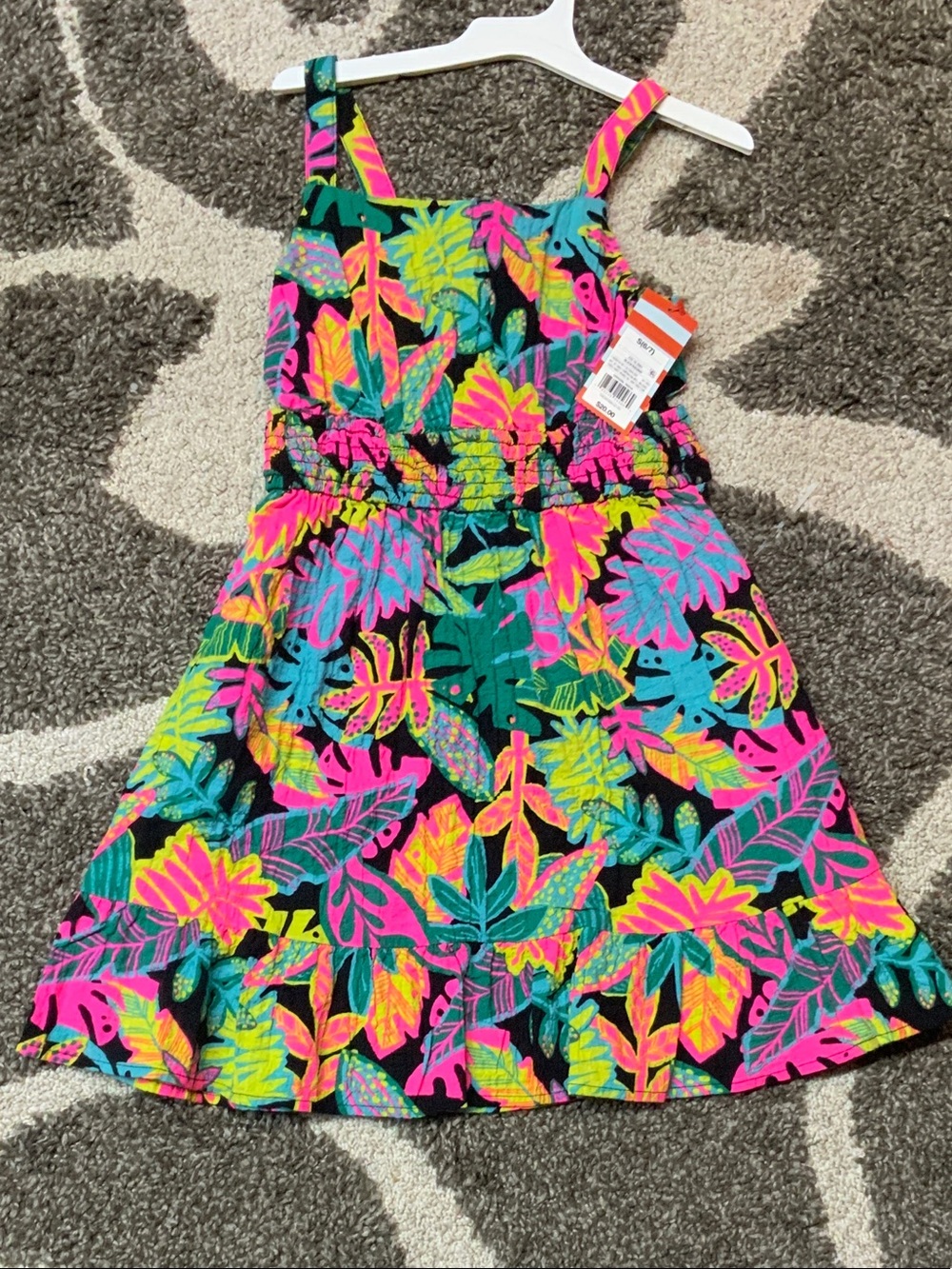 Girls Tropical Leaf Print Sundress - Neon Pink & Teal